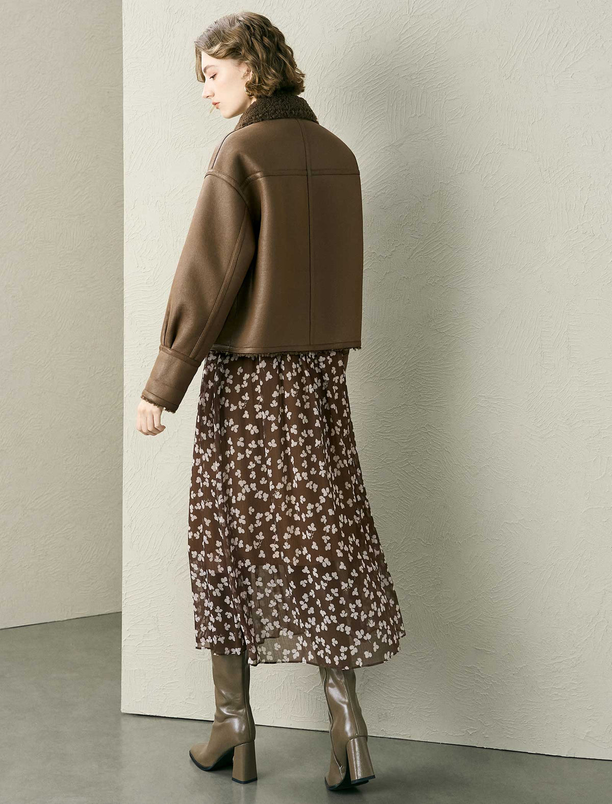 Coffee Reversible Faux Shearling Cropped Jacket