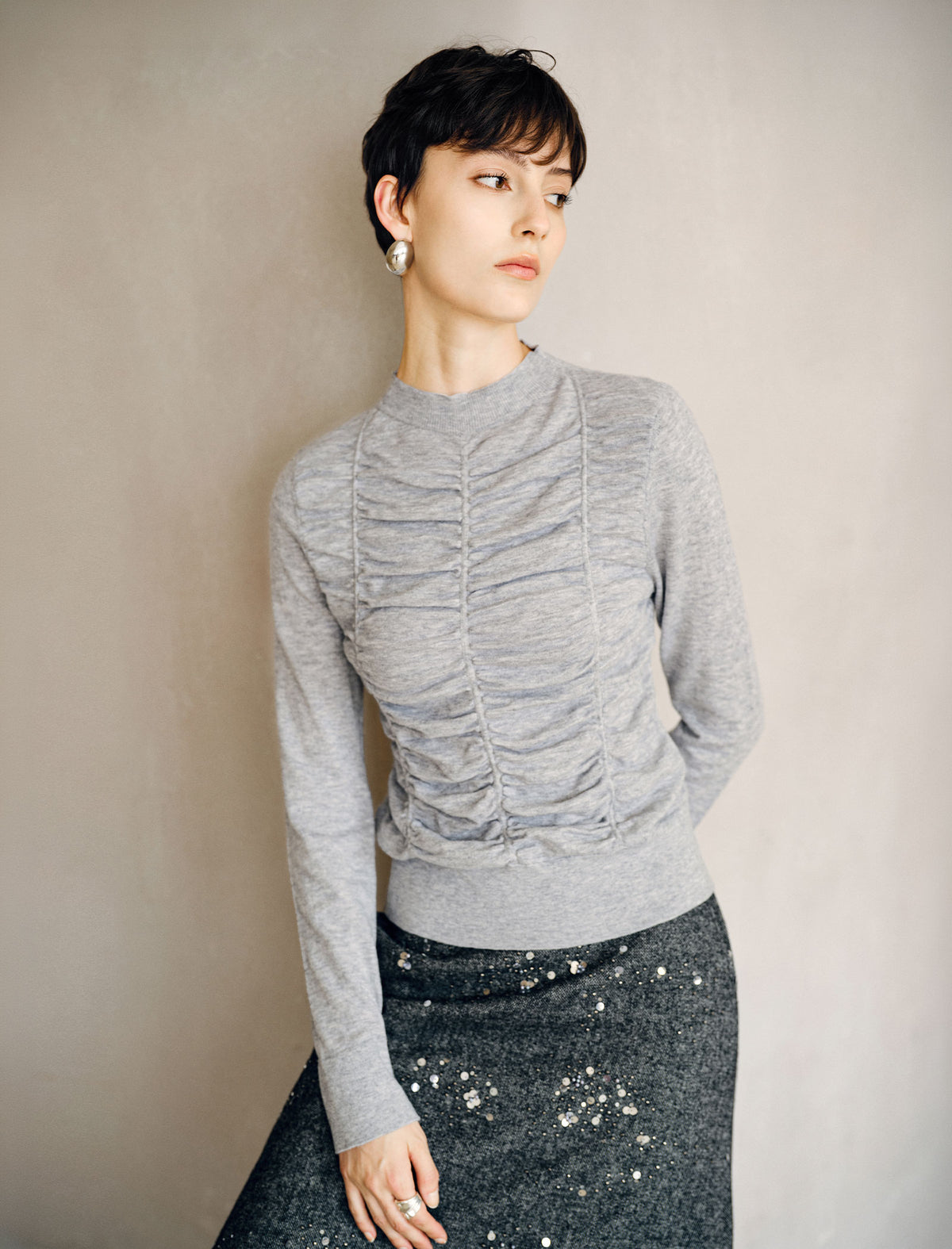 Wool Blend Ruched Front Mock Neck Long Sleeve Knit Top