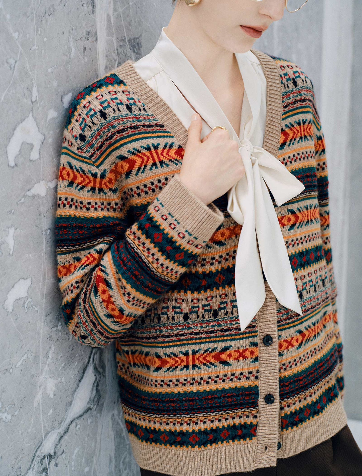 Wool Blend Fair Isle Patterned V Neck Knit Cardigan