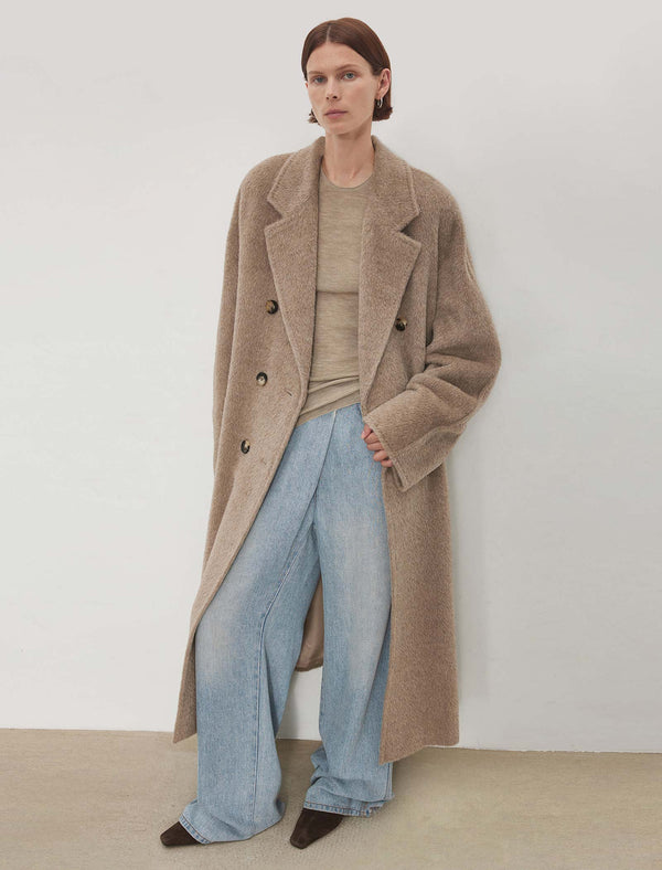 100% Alpaca Double-Breasted Wool Long Coat