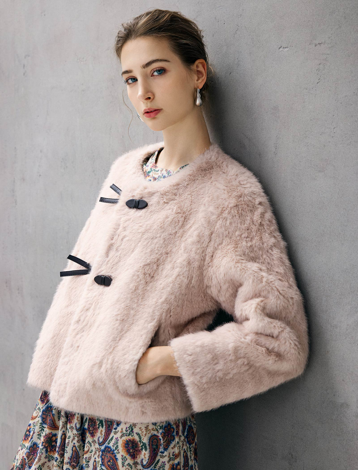 Frog-Button Toggle-Front Crewneck Cropped Jacket