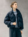Wave-Quilted Stand-Collar Balloon-Sleeve Cropped Puffer Jacket