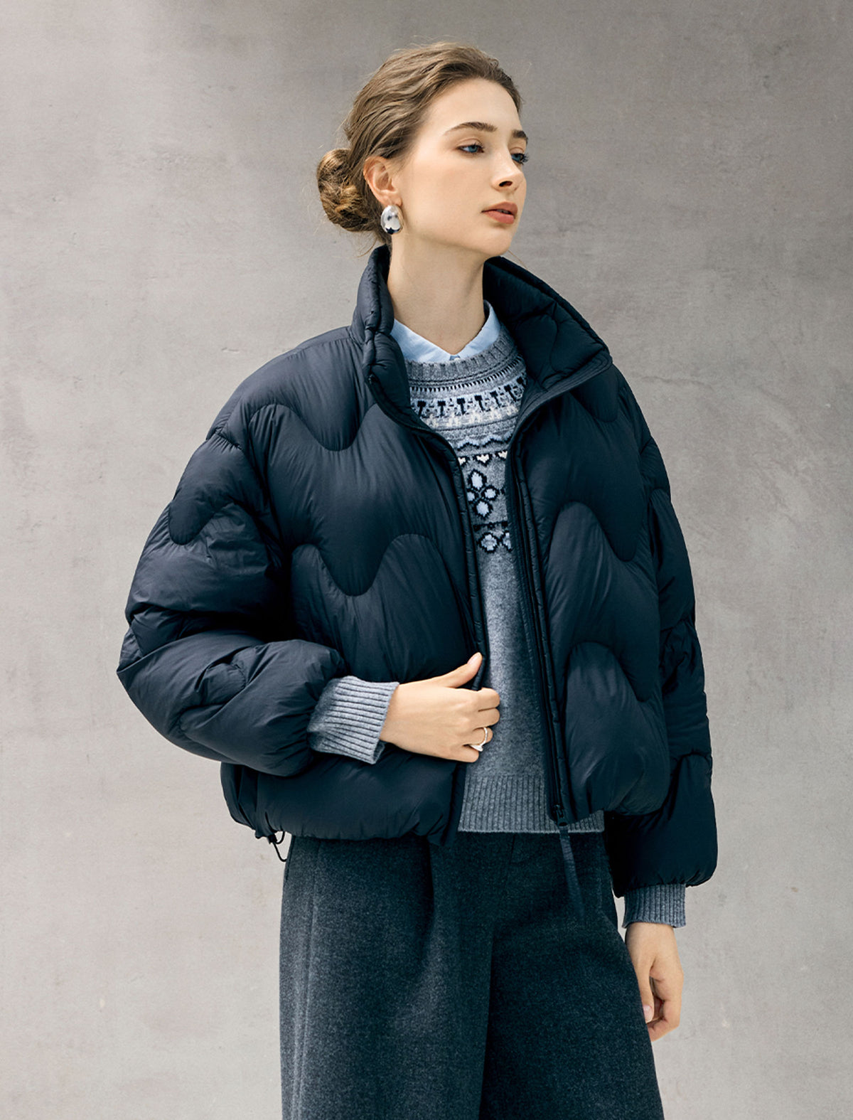 Wave-Quilted Stand-Collar Balloon-Sleeve Cropped Puffer Jacket