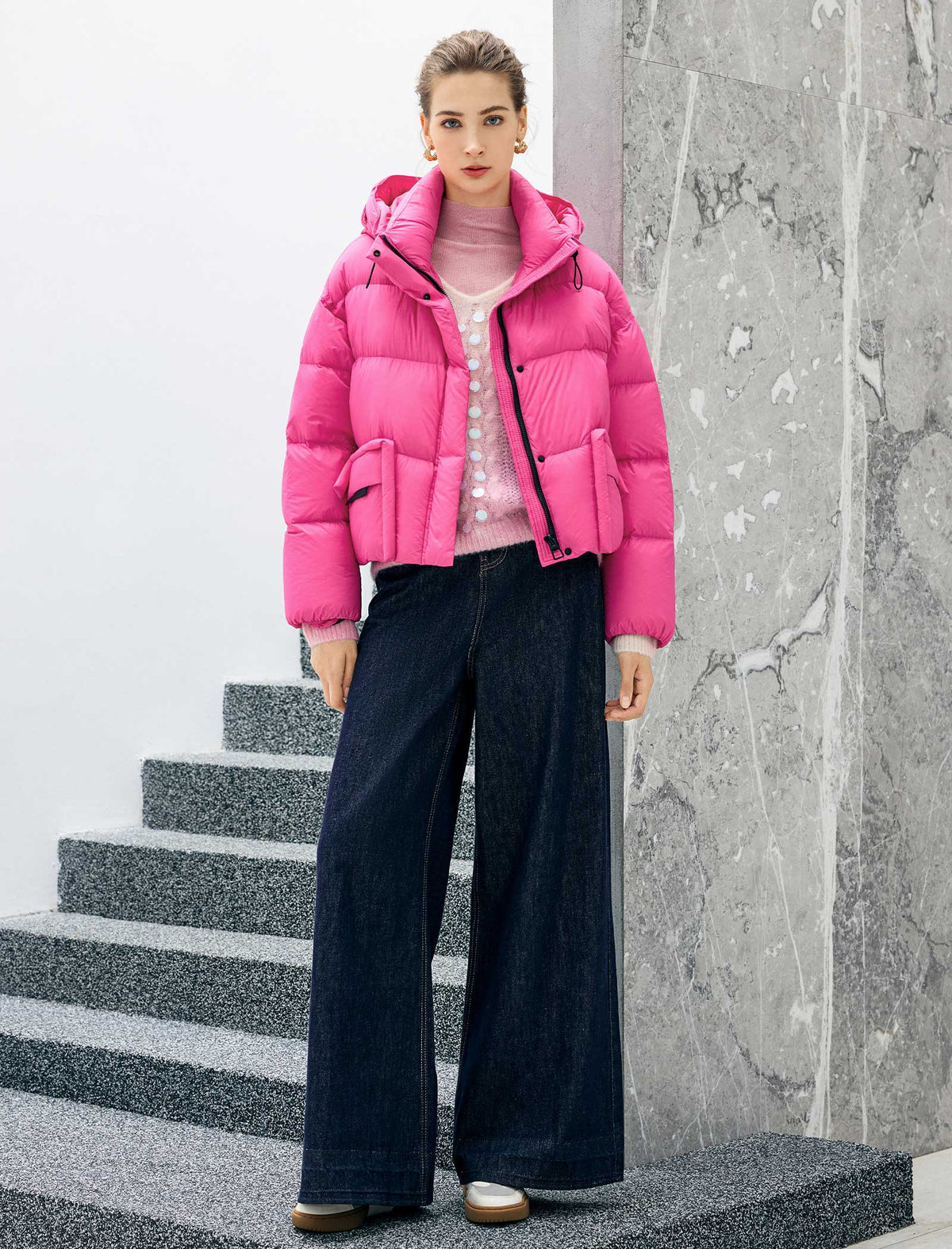 Hooded Drawstring Snap-Front Pocket Cropped Puffer Jacket