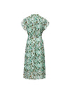 Green Floral V-Neck Tie Waist Midi Chiffon Dress
