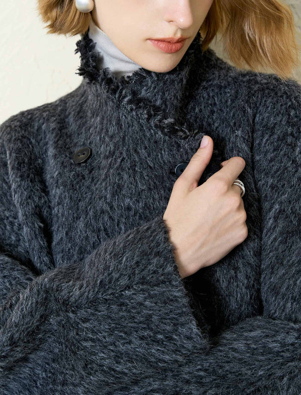 Textured Wool-Alpaca Blend Fringe Detail Wrap Coat