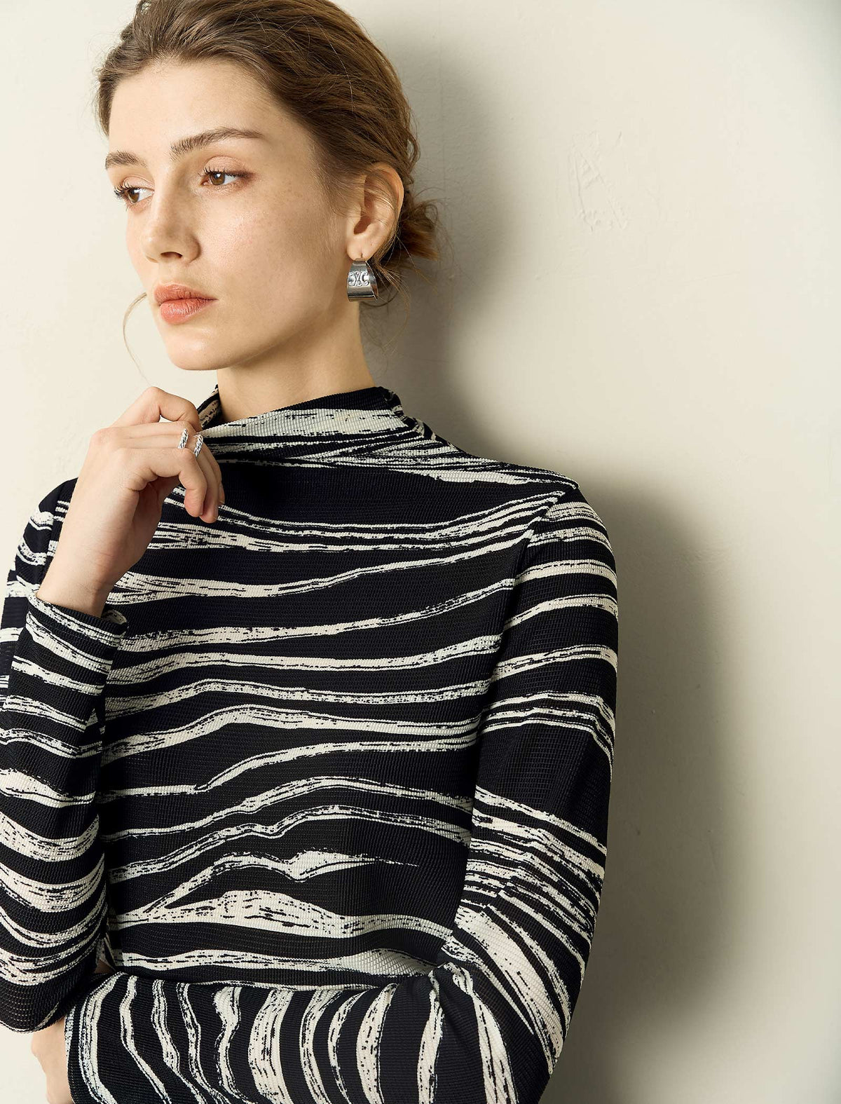 Zebra Print Mock-Neck Long-Sleeve Knit Top