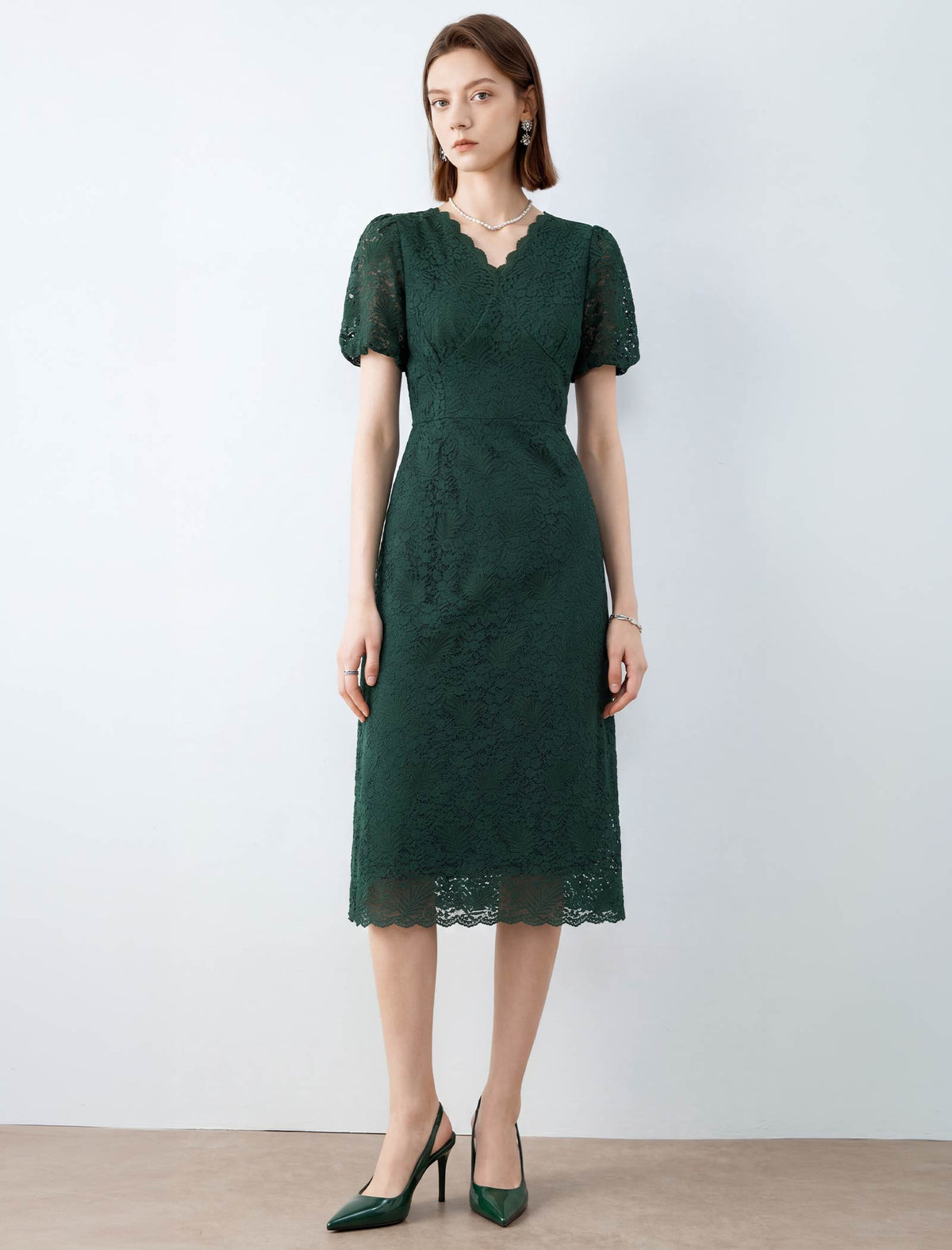 Lace Floral V-Neck Puff Sleeve Midi Dress