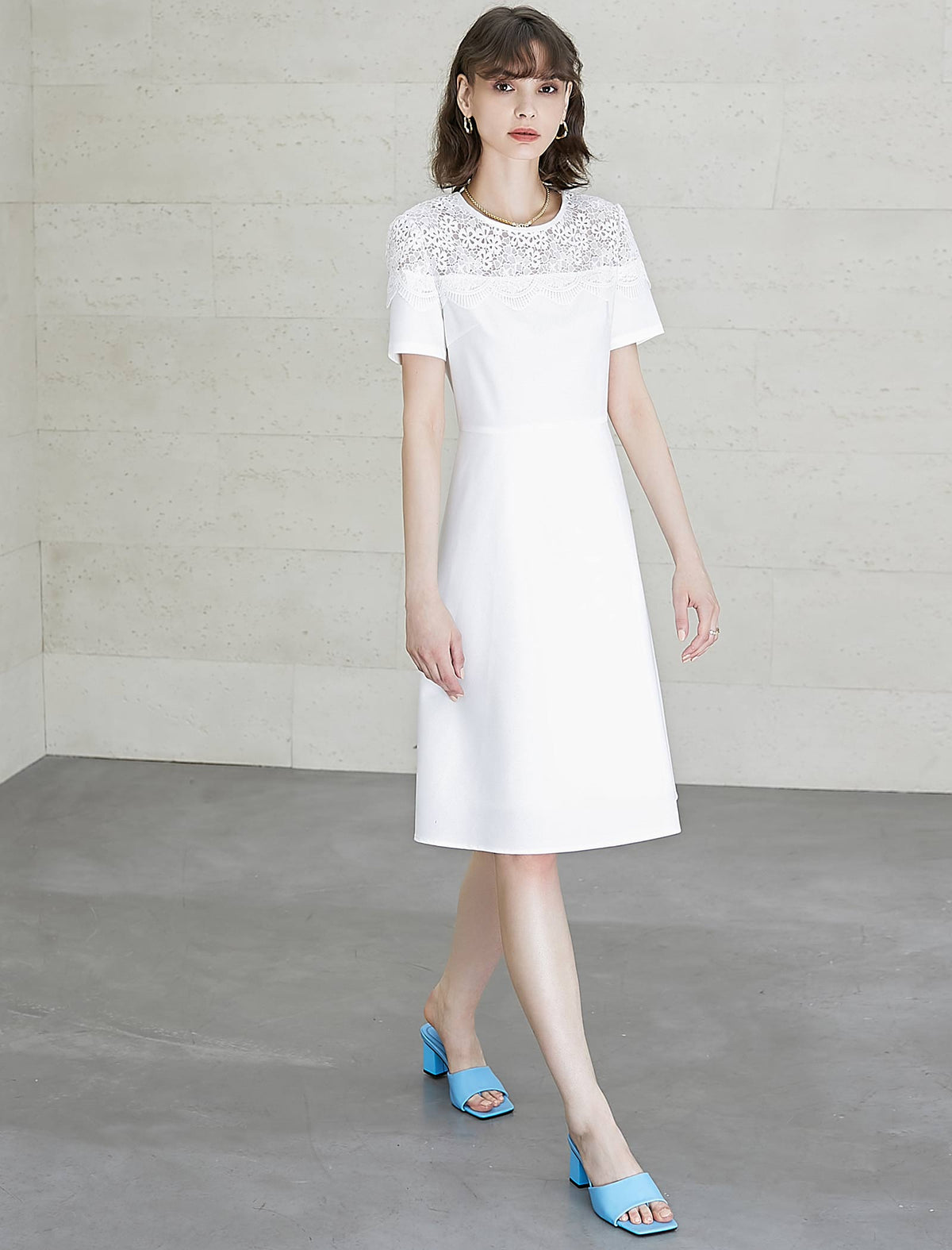 Lace Round Neck Waist-Cinched Dress