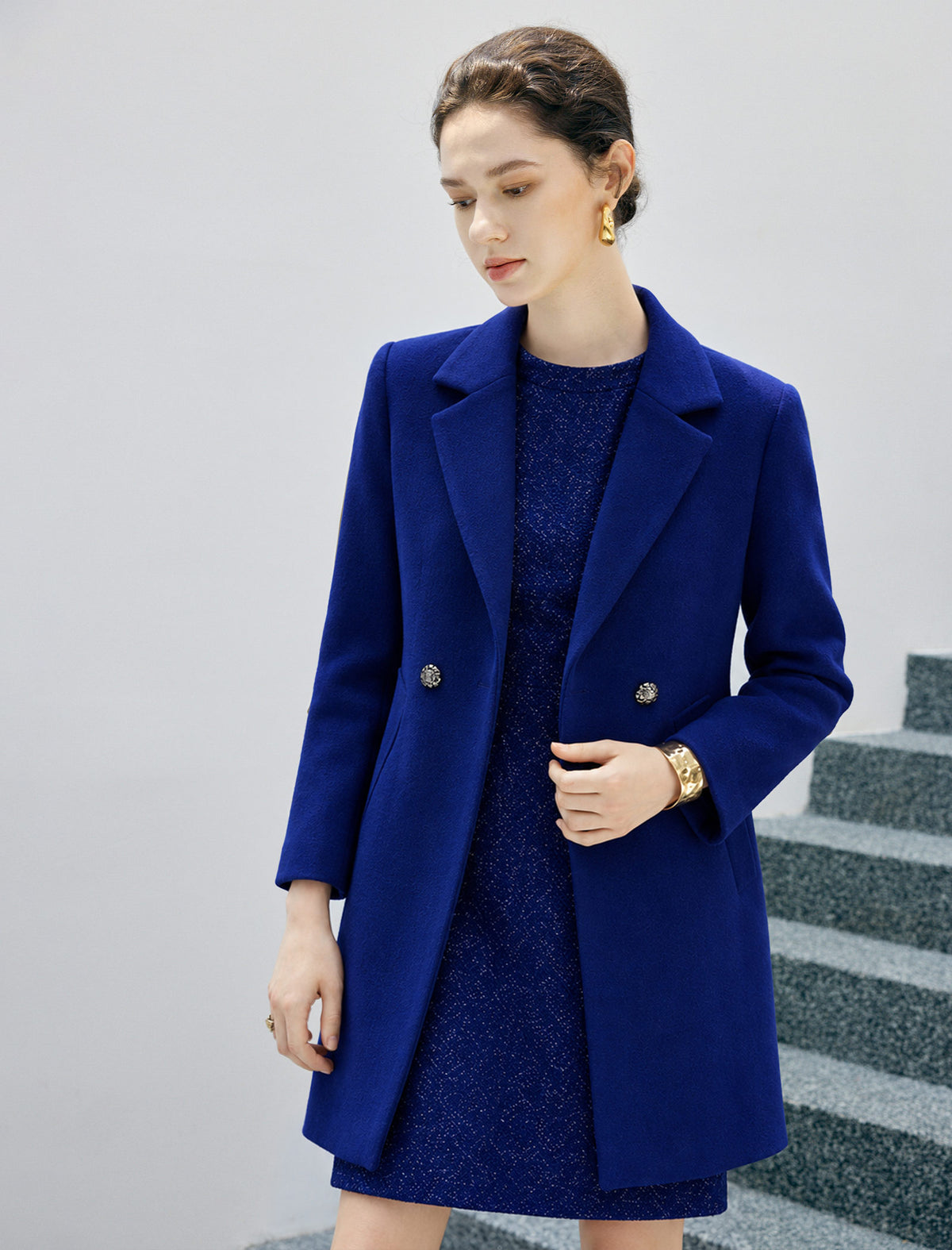 Wool Blend Solid Double-Breasted Relaxed Coat