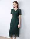 Lace Floral V-Neck Puff Sleeve Midi Dress