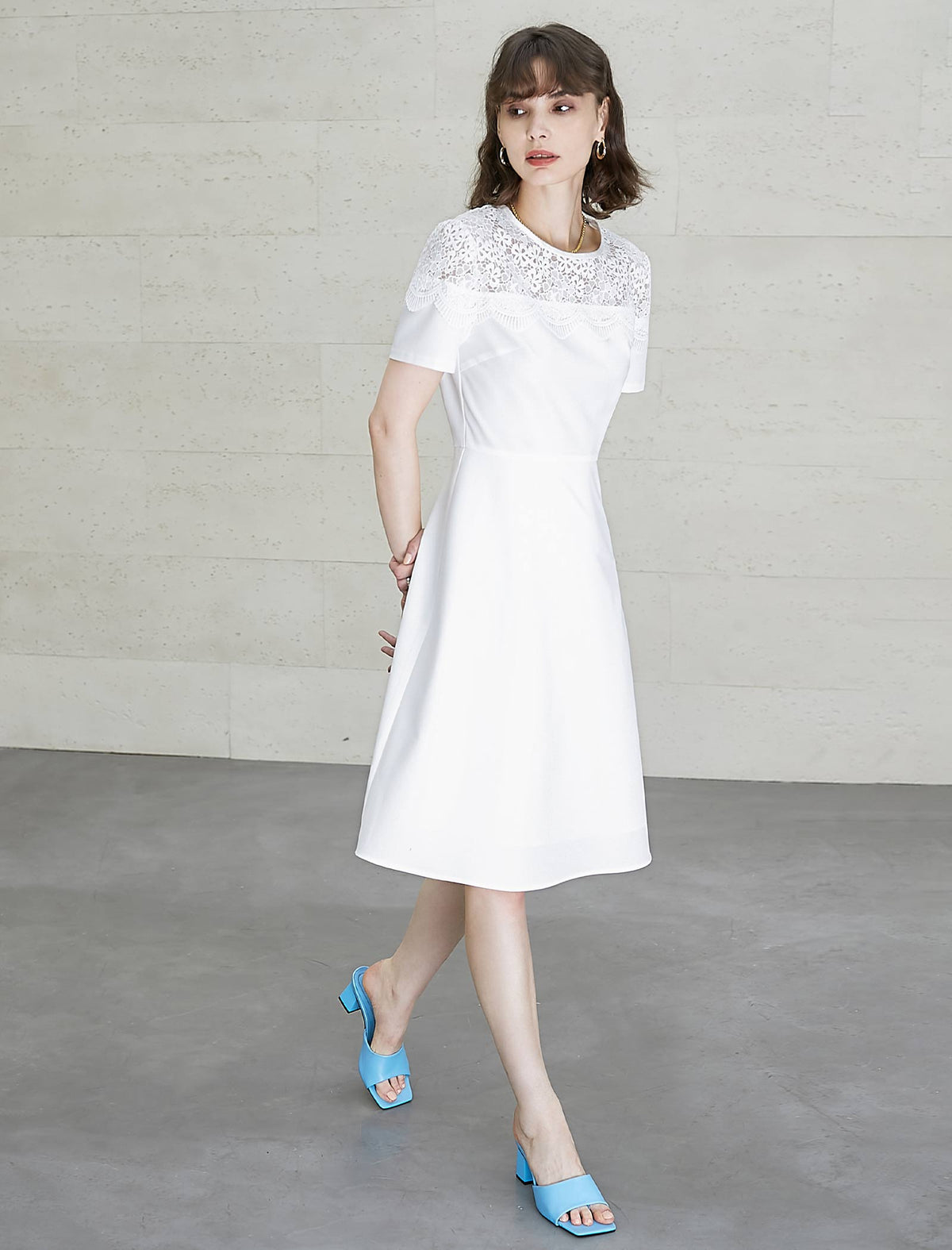 Lace Round Neck Waist-Cinched Dress