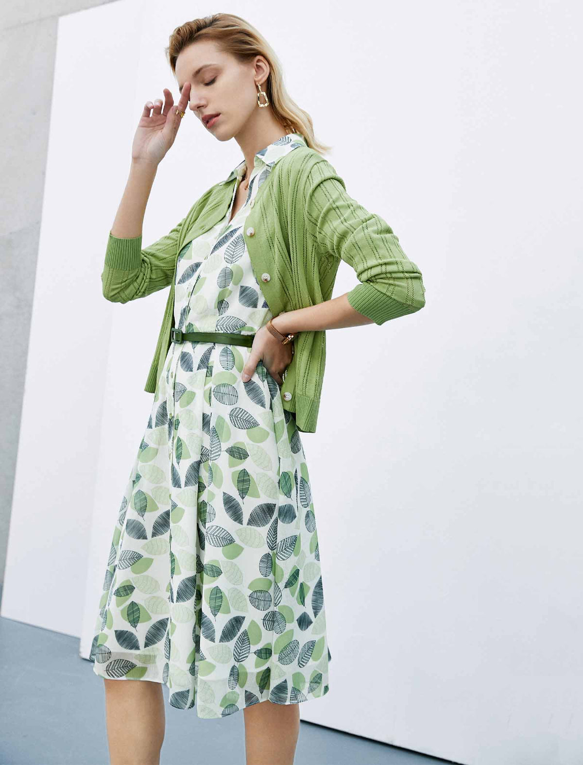 Green Leaf Print Shirt Dress with Satin Belt
