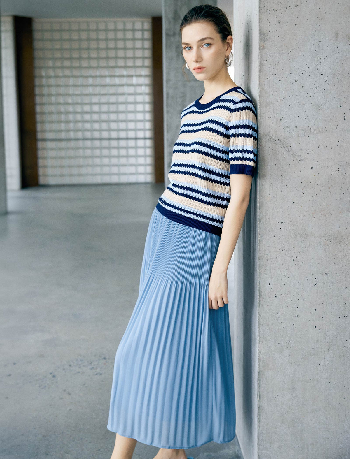 Pleated High-Waist Midi Skirt
