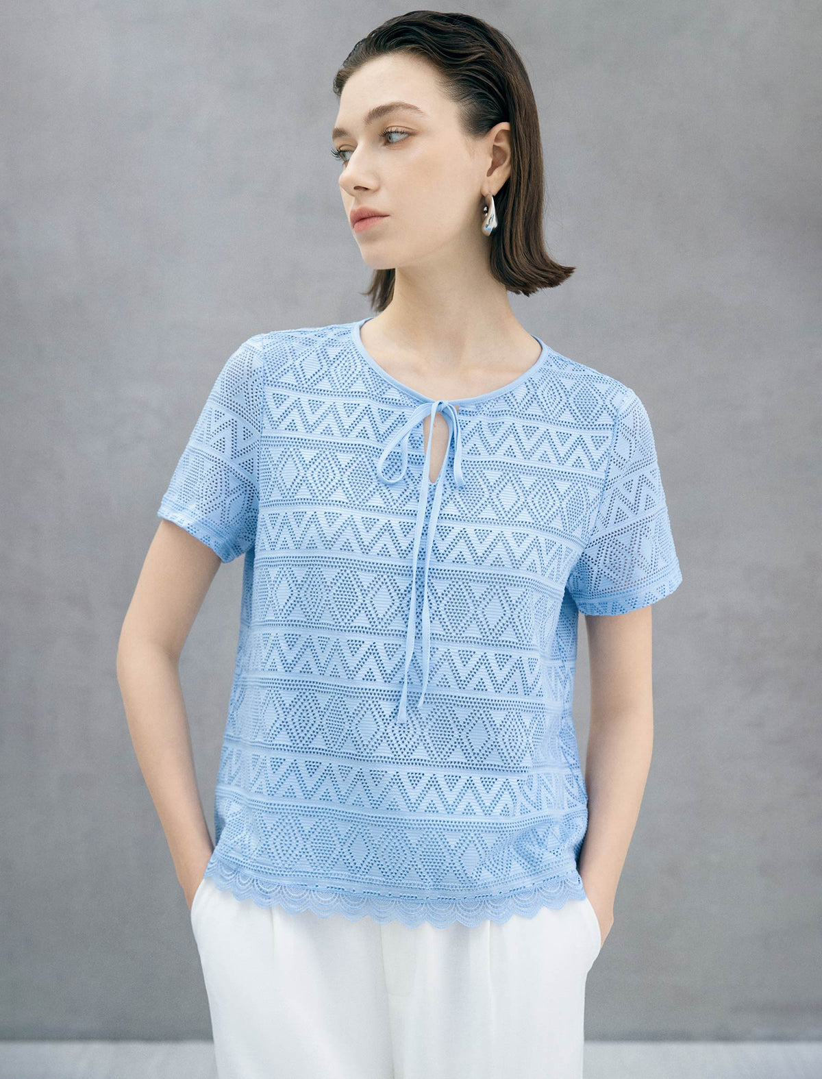 Geometric Lace Knit Tie-Neck Short Sleeve Top
