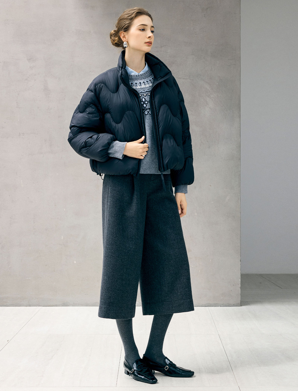 Wave-Quilted Stand-Collar Balloon-Sleeve Cropped Puffer Jacket