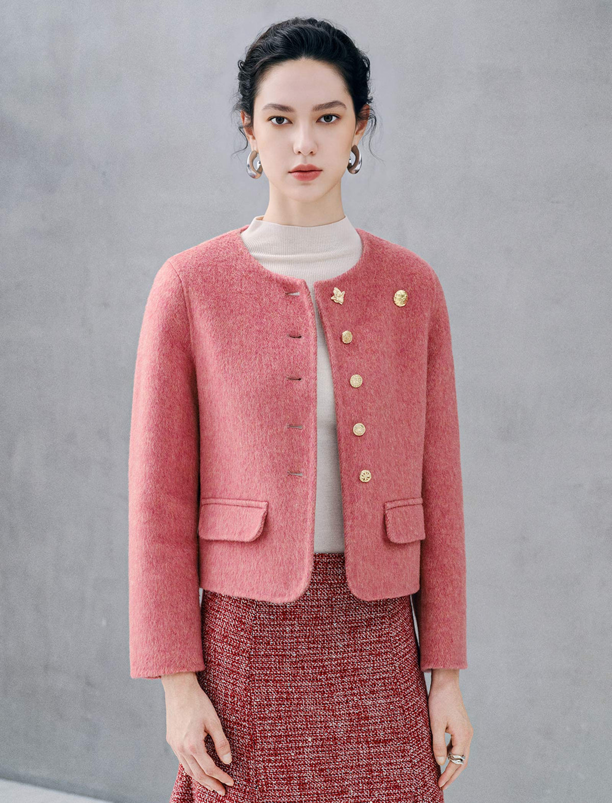 Wool Blend Round Neck Metal Button Cropped Jacket