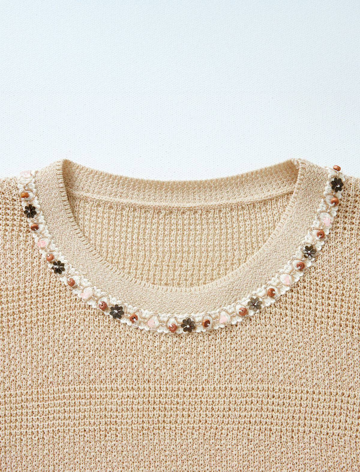 Beaded Open-Knit Short Sleeve Knit Top