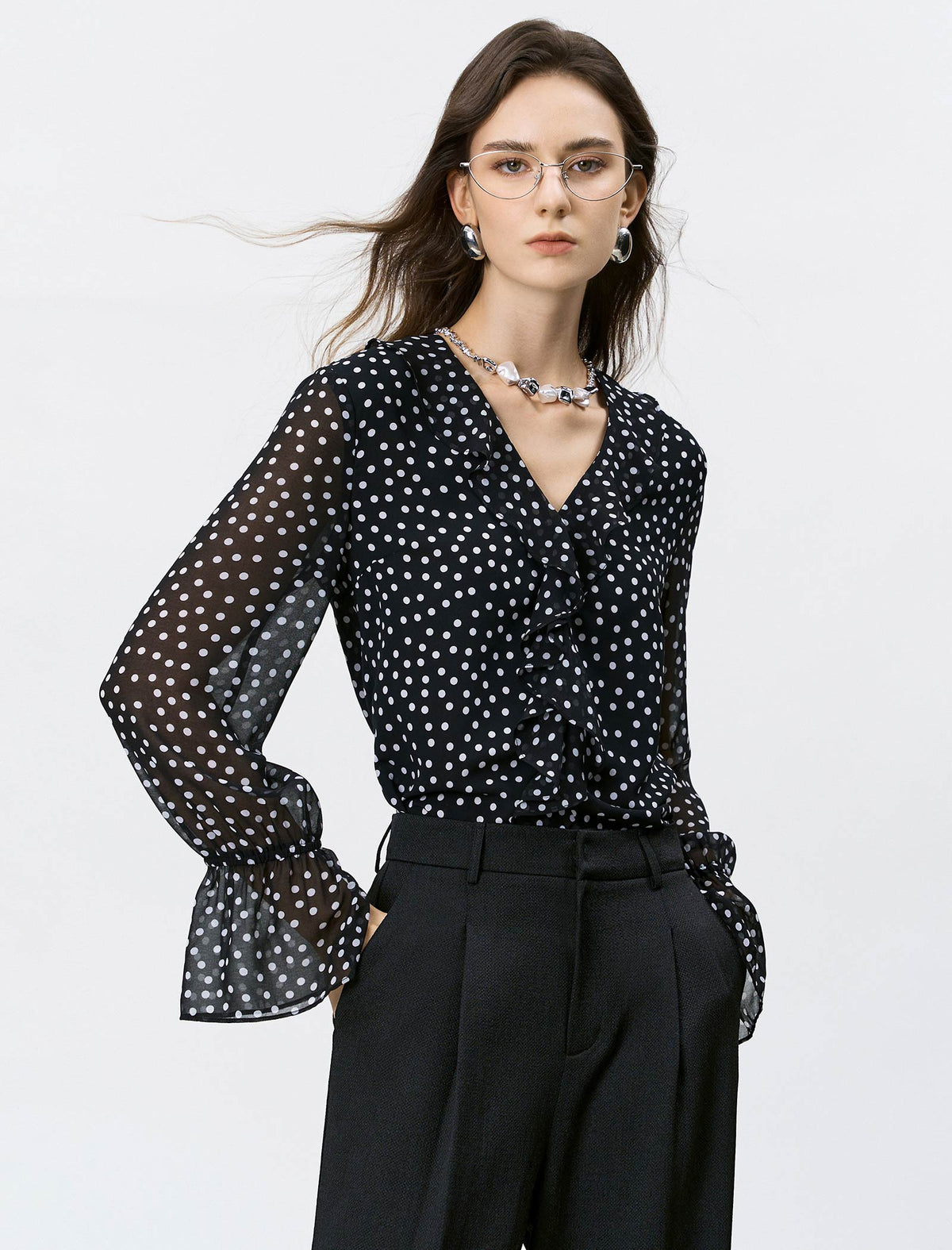 Black Polka Dot Ruffled Chiffon Blouse