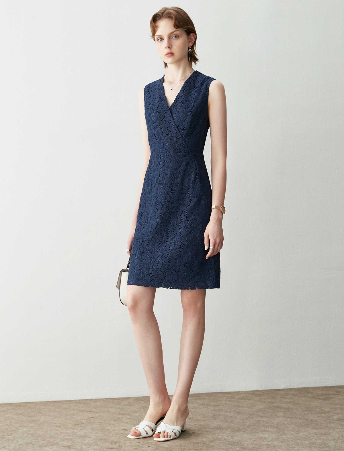 Navy Blue Sleeveless Lace Wrap Sheath Dress