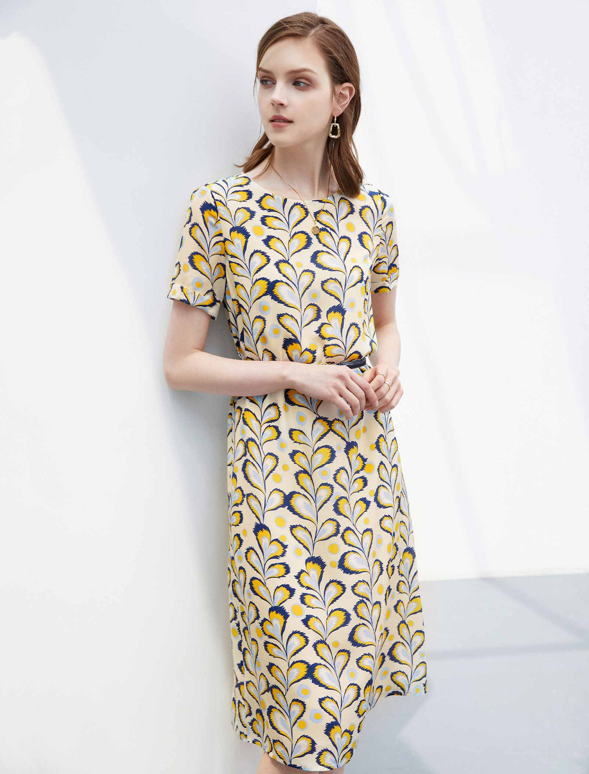 Floral Silk Waist-Cinched Dress