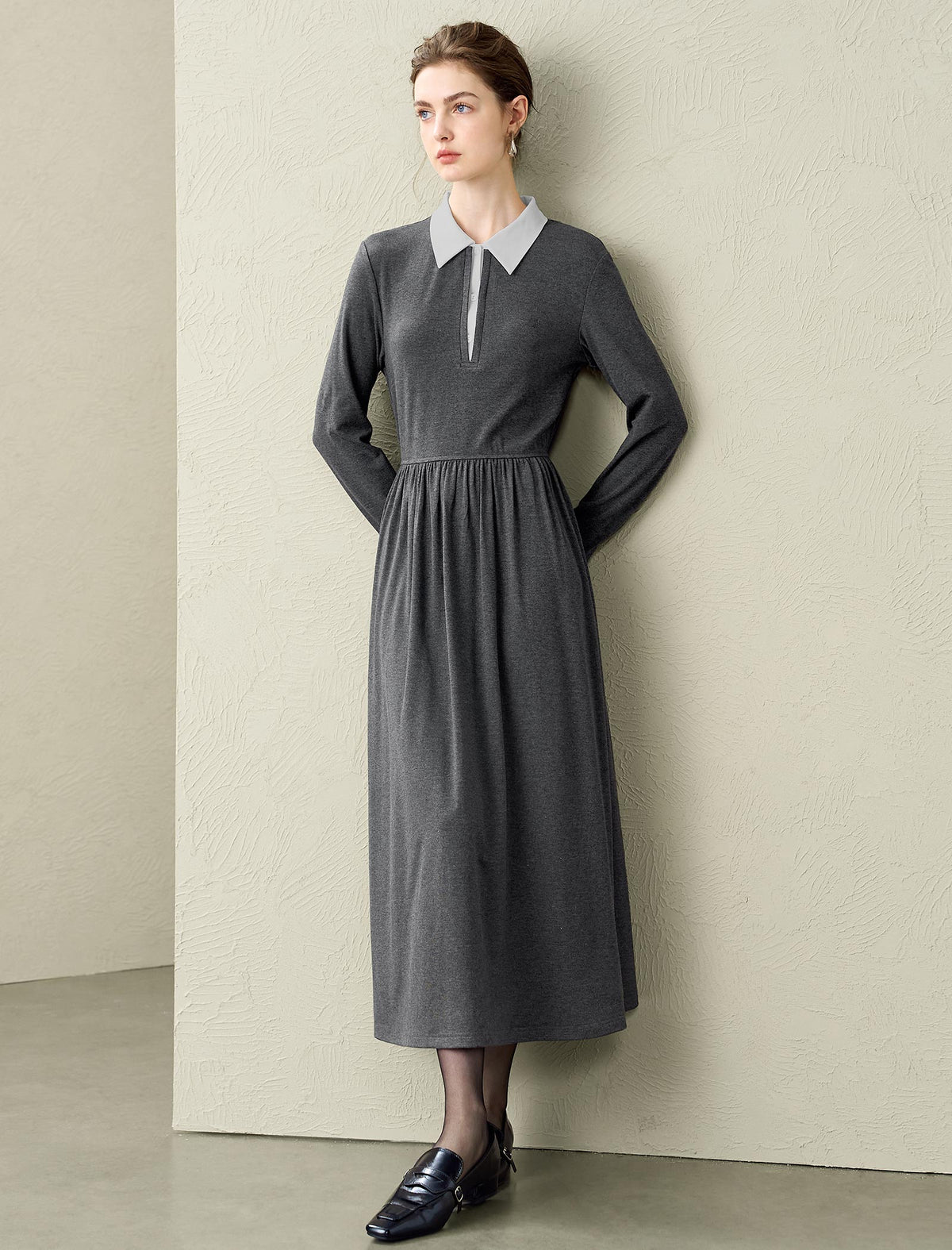 Contrast Collar Polo Knit Midi Dress