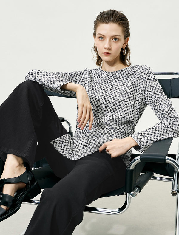 Plaid Black White Slim Fit Knit Top