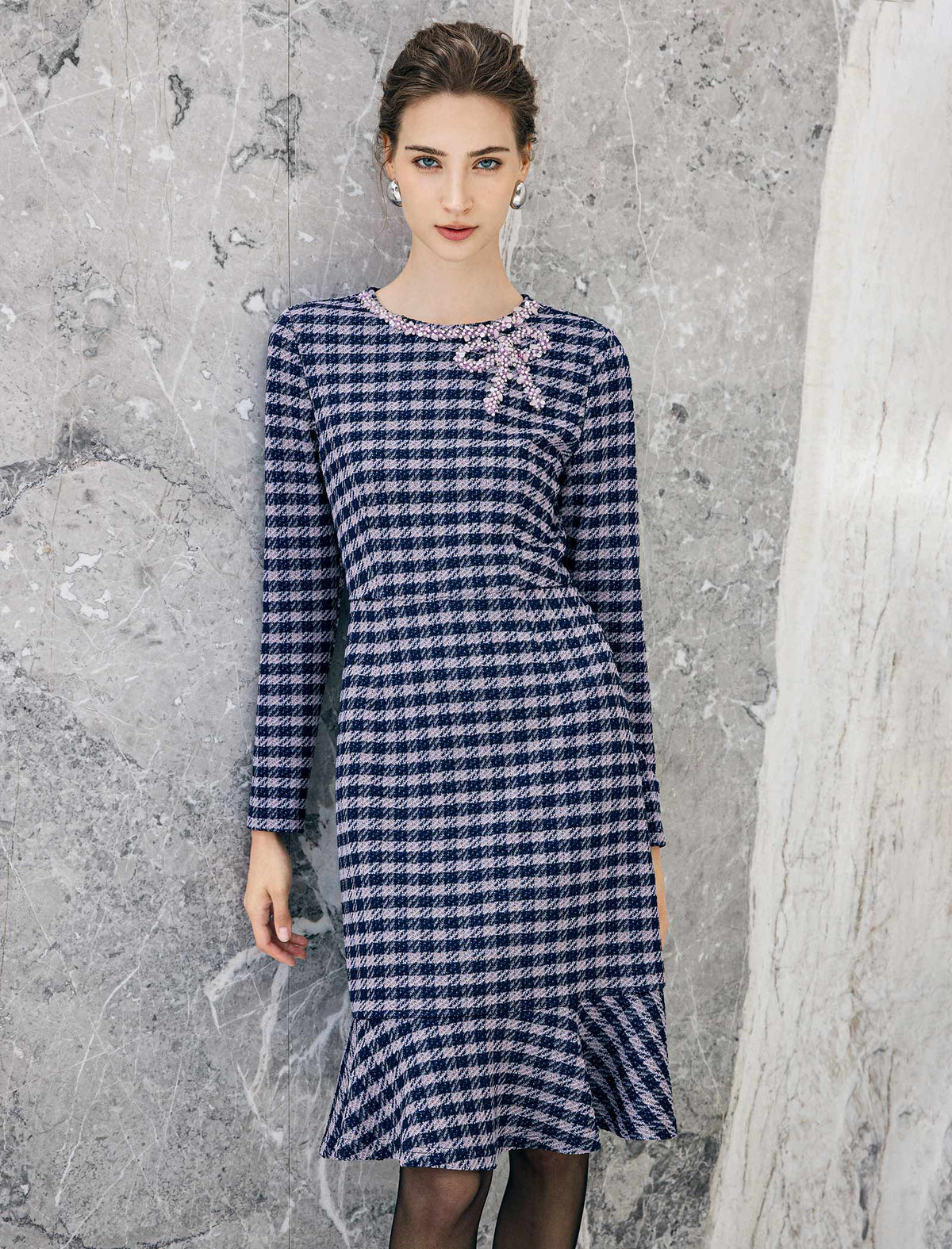 Geometric Plaid Beaded Bow Mermaid Midi Dress