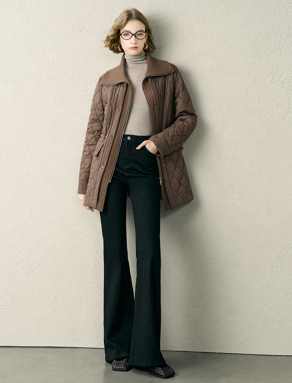 Brown Knit Collar Quilted Jacket