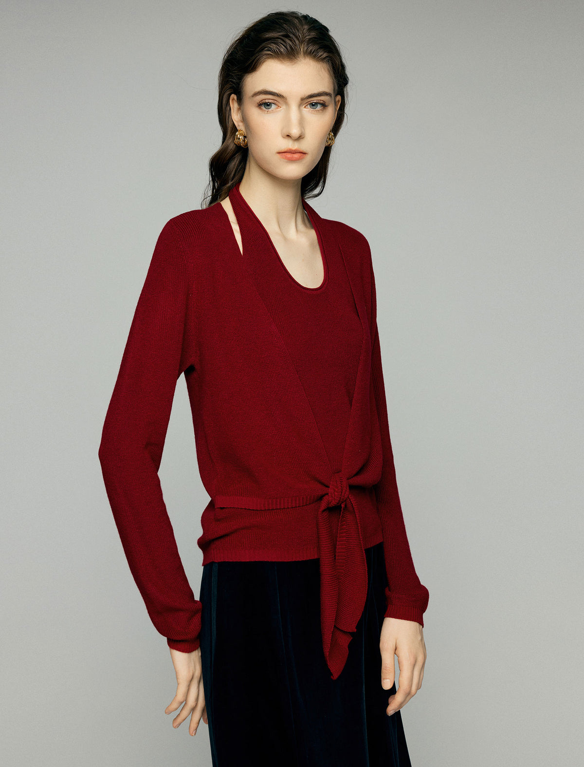 Layered Tie Front Long Sleeve Knit Top