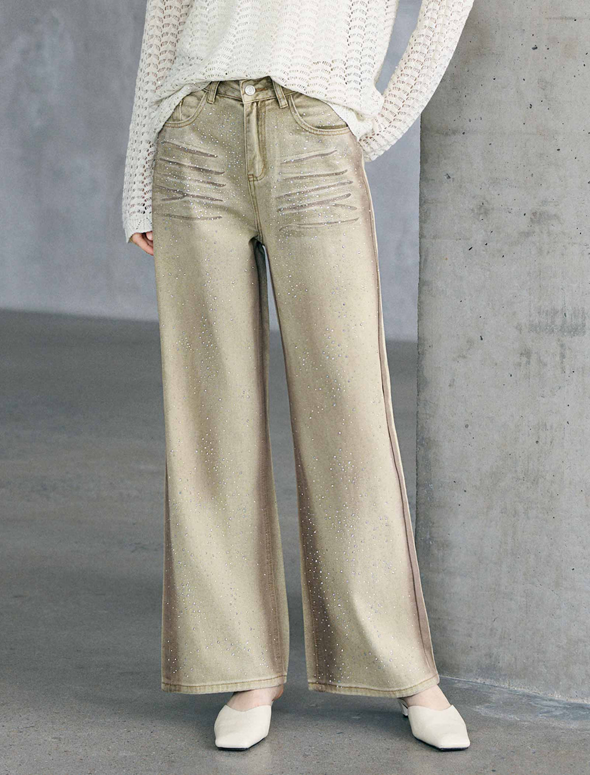 Vintage Washed Rhinestone Wide Leg Denim Pants