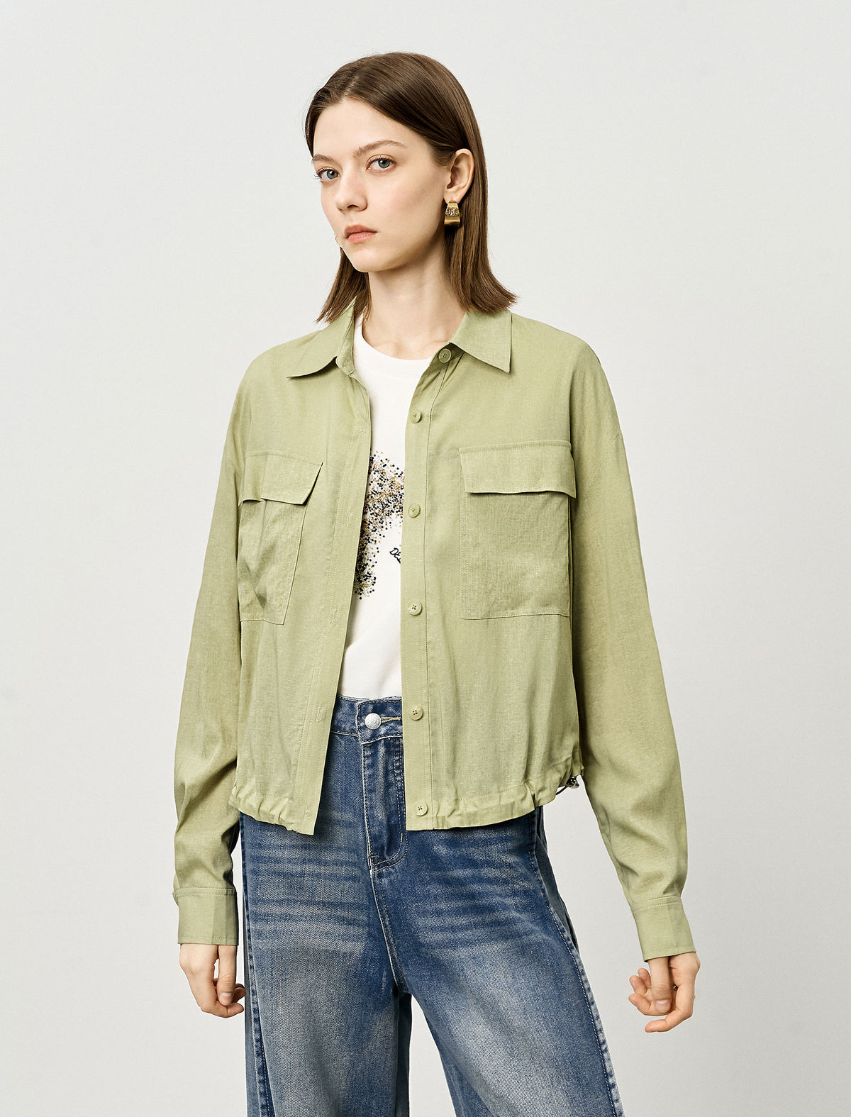 Yellow Loose Long-Sleeve Utility Shirt