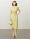 Stand Collar Sleeveless Belted Tencel Linen Midi Dress