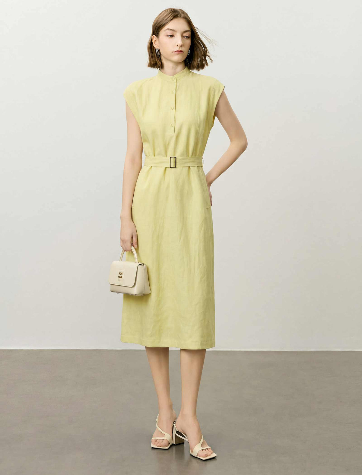 Stand Collar Sleeveless Belted Tencel Linen Midi Dress