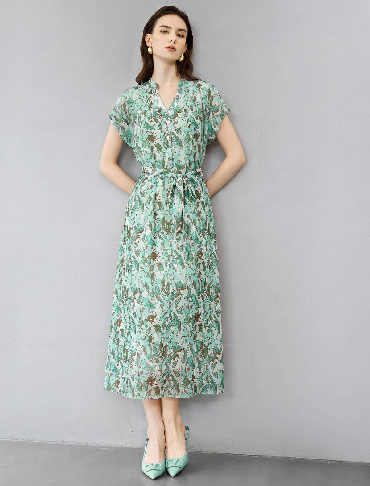 Green Floral V-Neck Tie Waist Midi Chiffon Dress