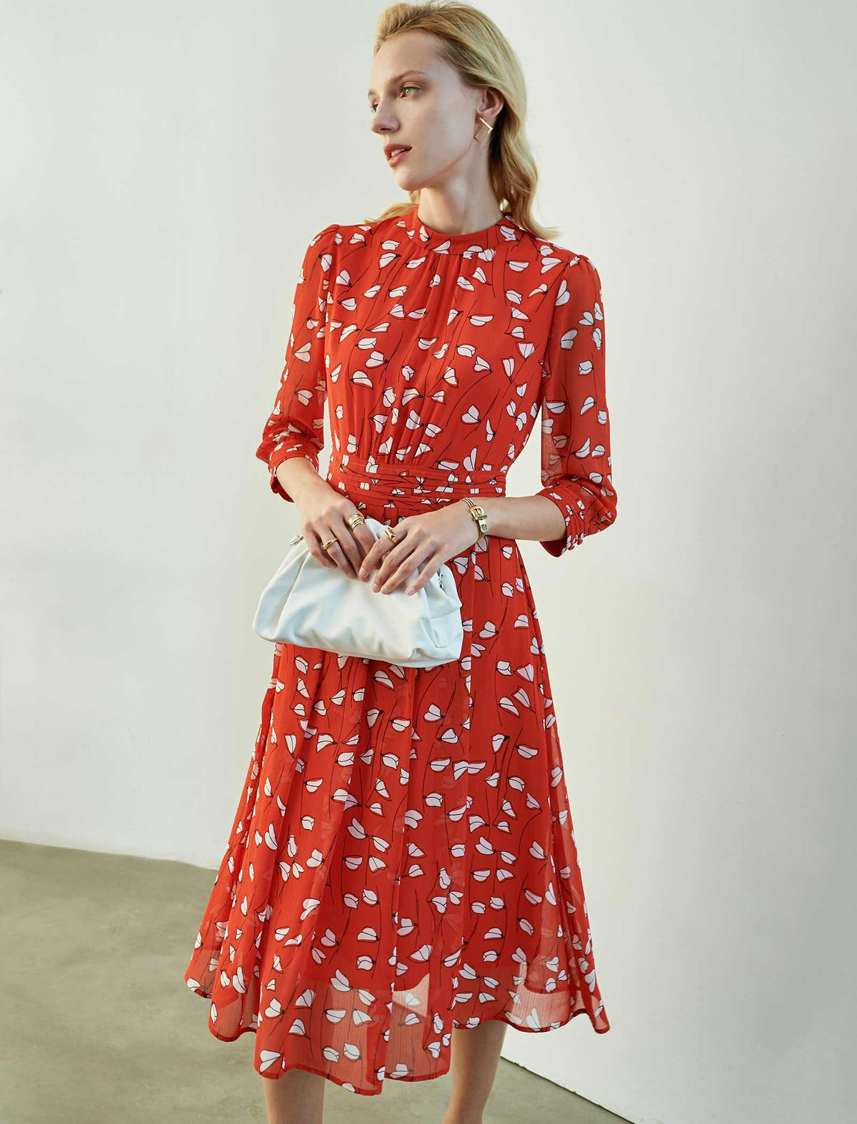 Bright Red Leaf-Print Midi Dress