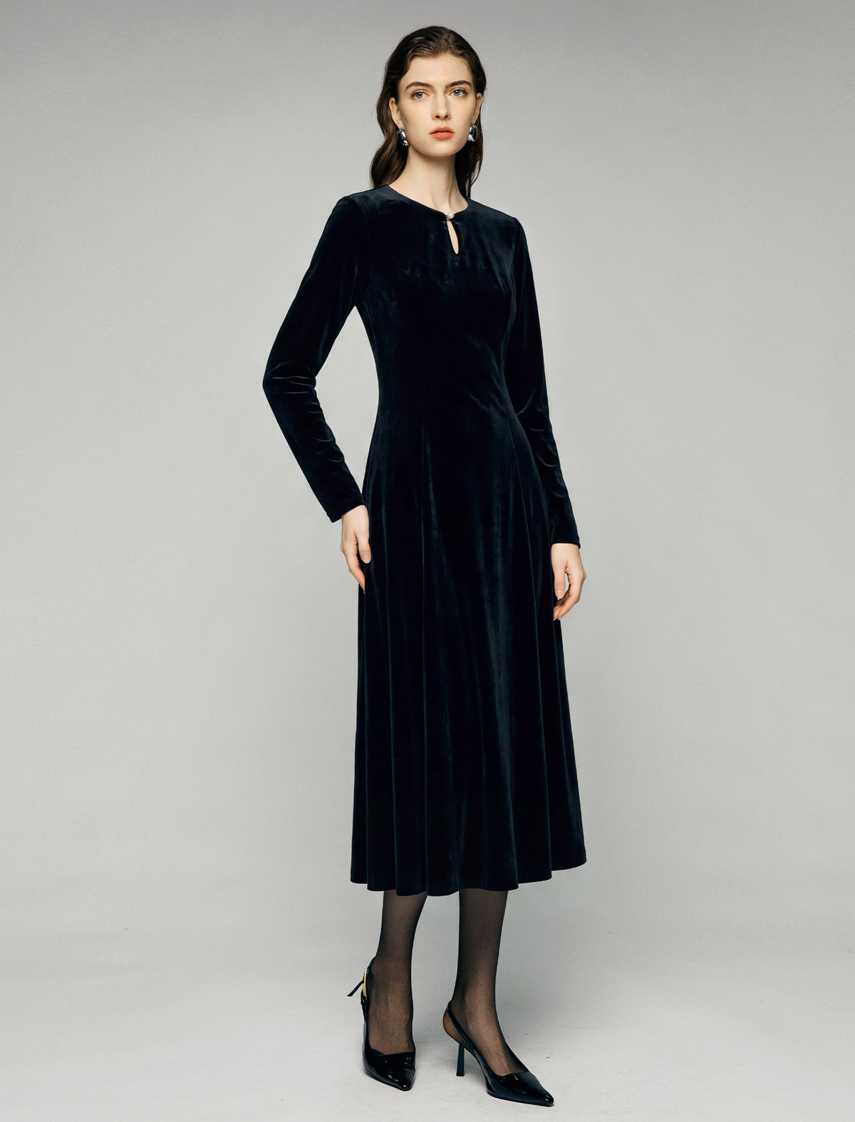 Velvet Keyhole Long Sleeve A-Line Midi Dress