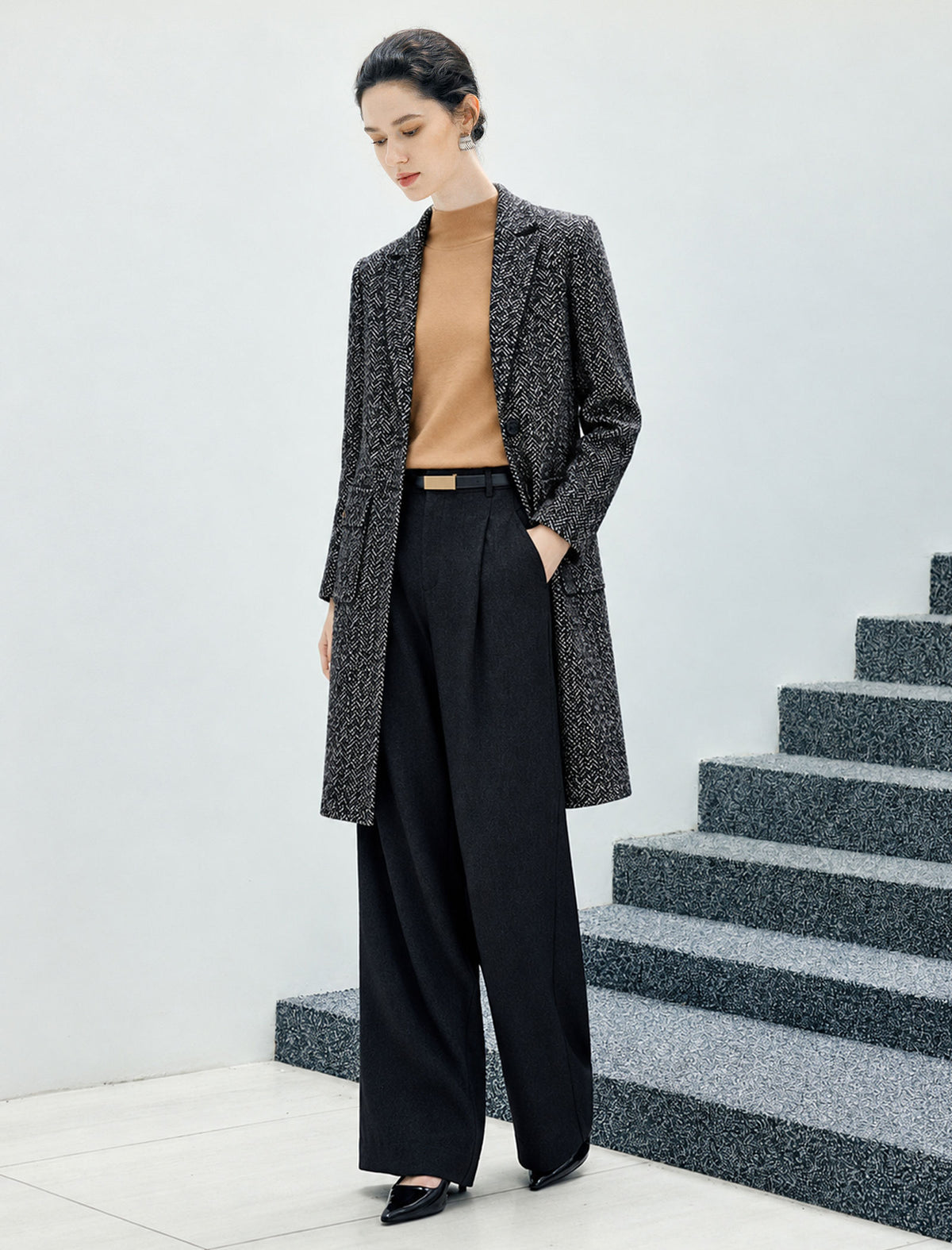 Wool Blend Collared Button-Front Straight-Fit Coat