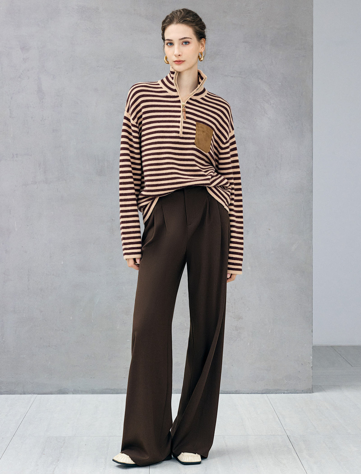 Wool Blend Striped Stand-Collar Half-Zip Relaxed Sweater