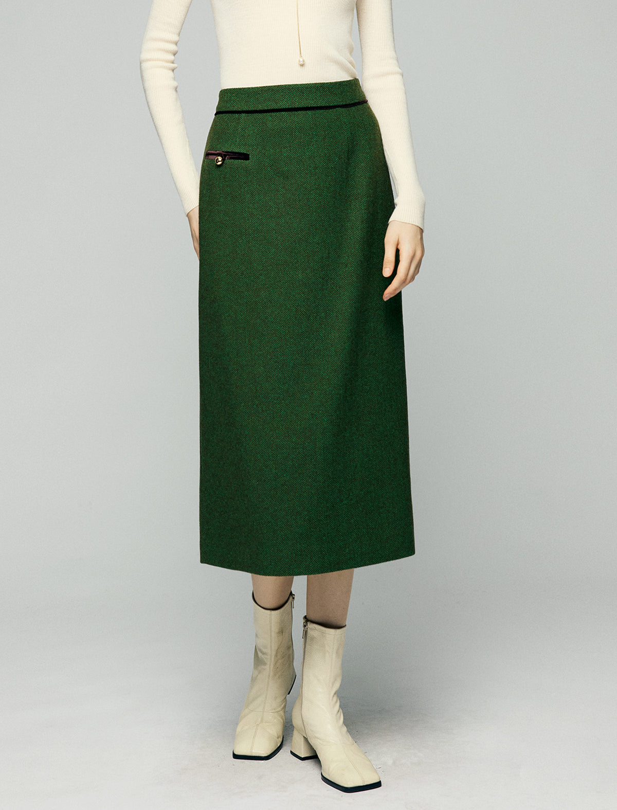 Wool Blend Contrast-Pocket High-Waist Slit Straight Midi Skirt