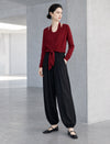 Draped Wool-Blend Ruched Waistband Lantern Pants