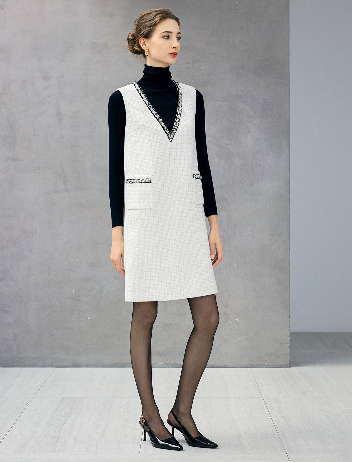 Wool Blend Braided-Trim V-Neck Pocket Sleeveless Dress