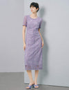 Lavender Sequin Lace Beaded Neck Ruched Waist Midi Dress