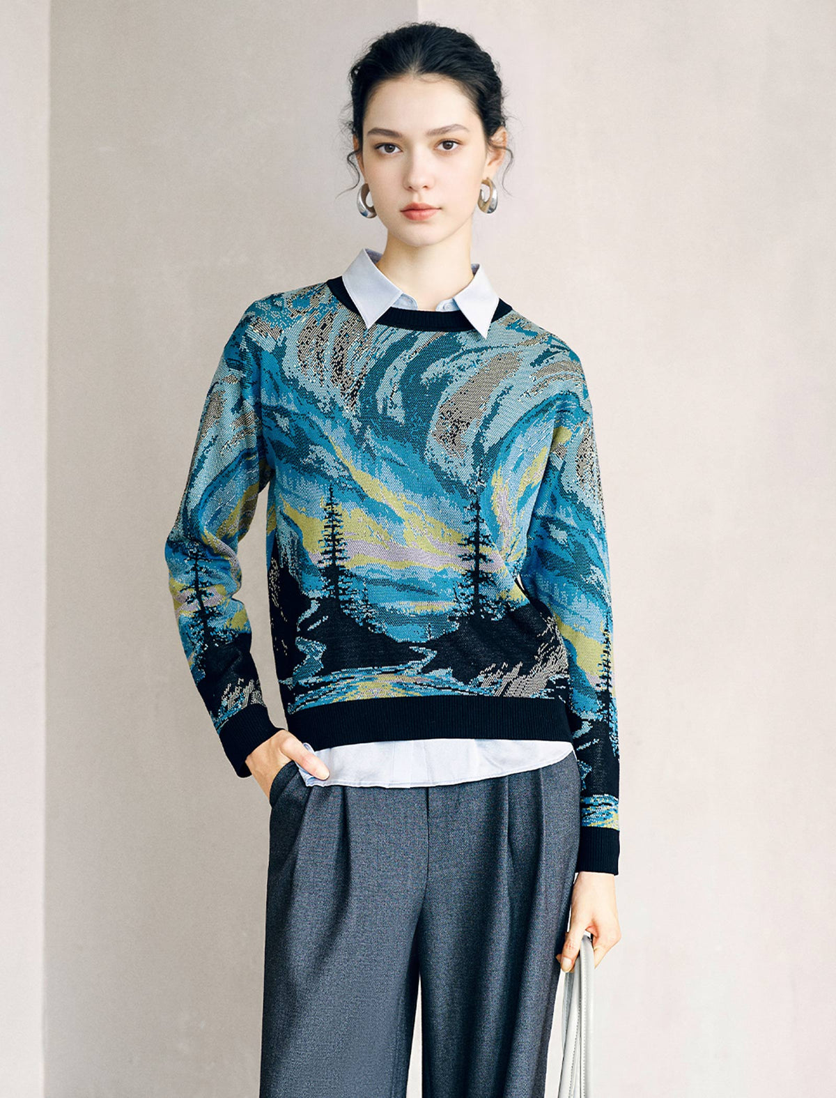 Vintage Landscape Jacquard Crew Neck Knit Top