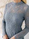 Dusty Blue Floral Lace High Neck Long Sleeve Top
