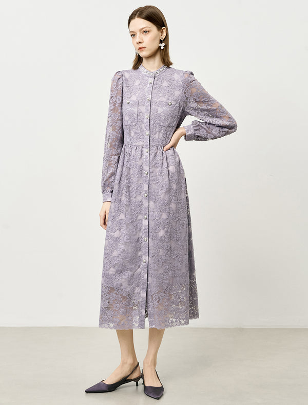 Lace Embellished neckline Pocket Detail Midi Dress