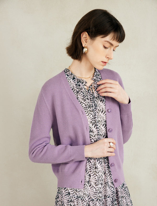 Purple Minimalist V-Neck Long-Sleeve Knit Cardigan