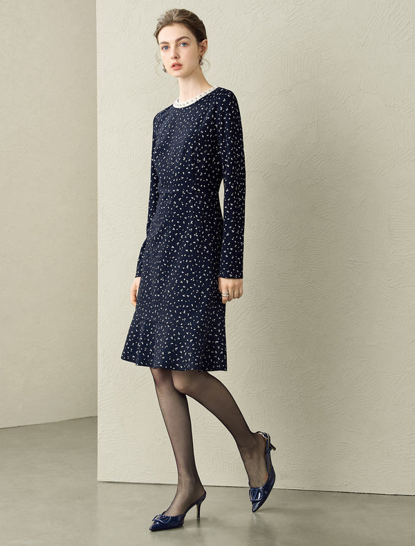 Floral Waist-Defining Long-Sleeve Dress