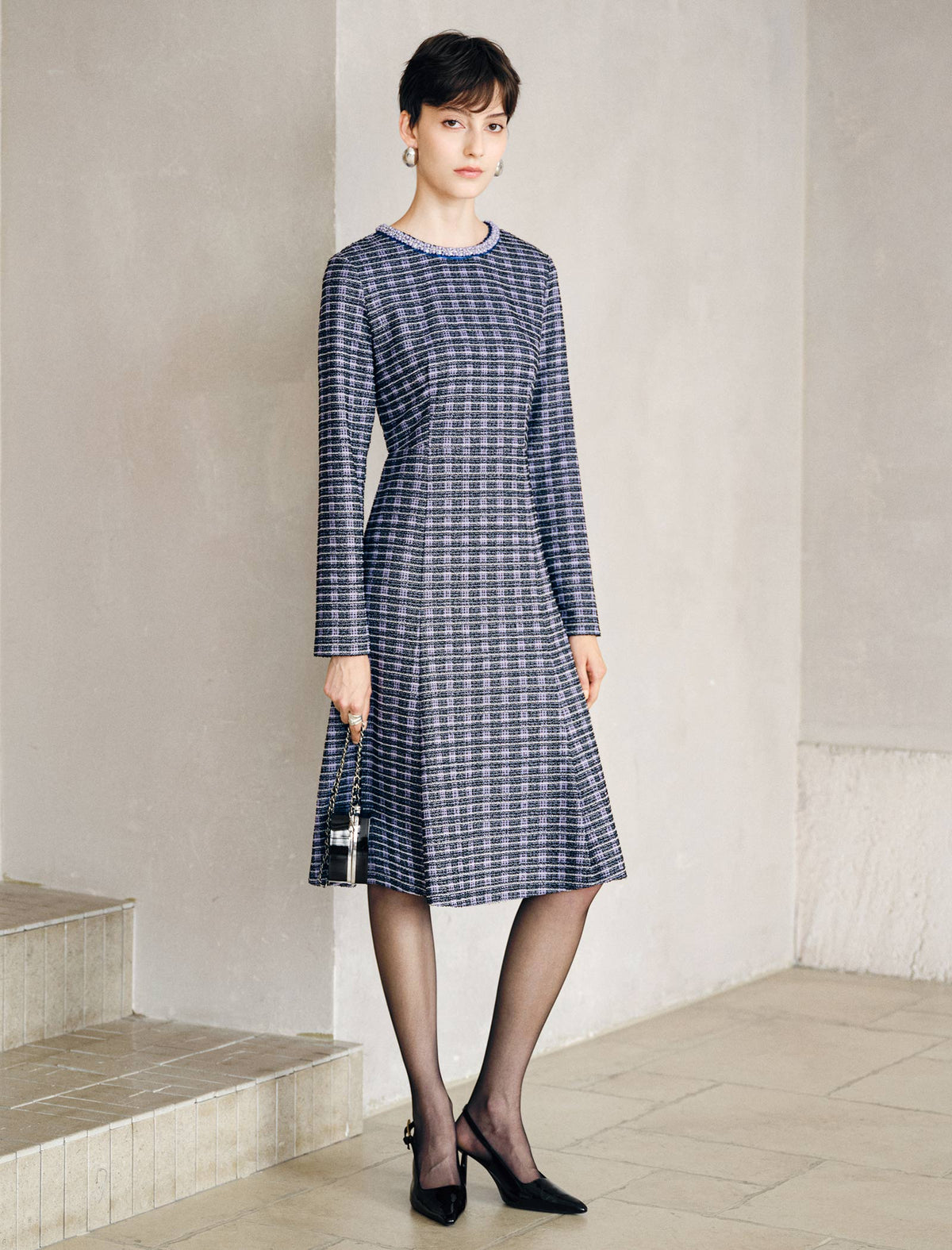 Beaded Crewneck Purple Check Fit Flare Dress