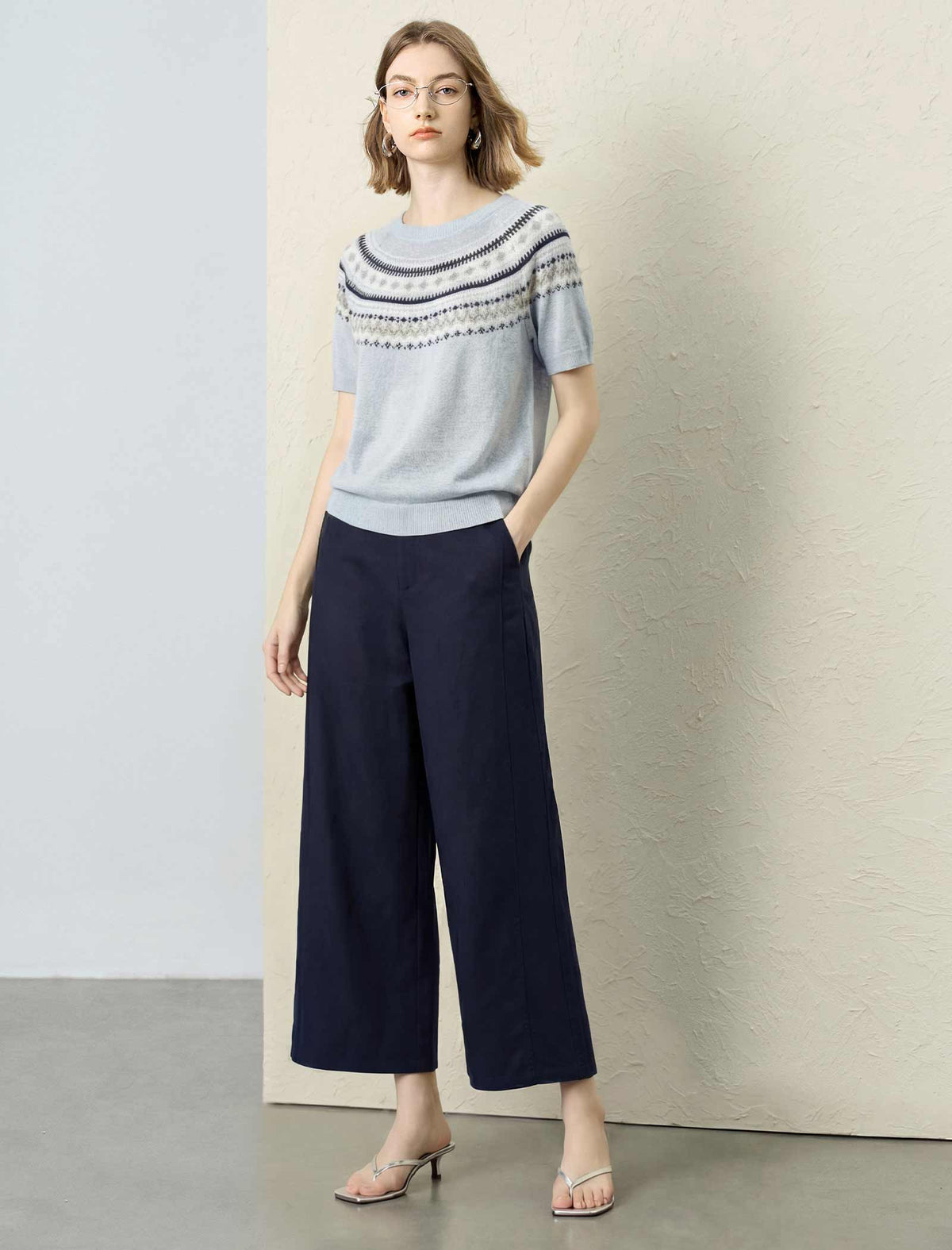 Fair Isle Lyocell Linen Blend Short Sleeve Knit Top